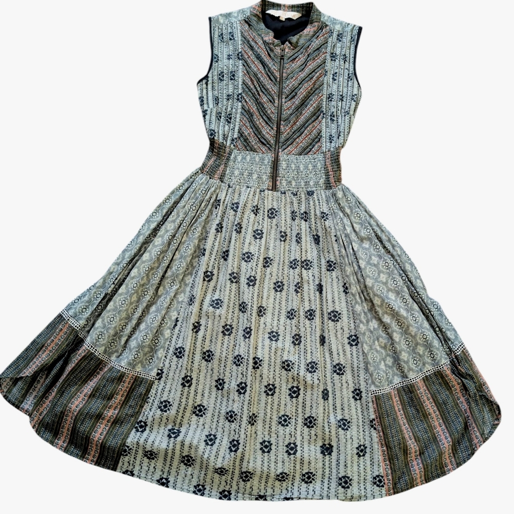 Boho Artisan Market Sleeveless Midi Dress – Patchwork Green Blue Cream Mauve S - Picture 2 of 14